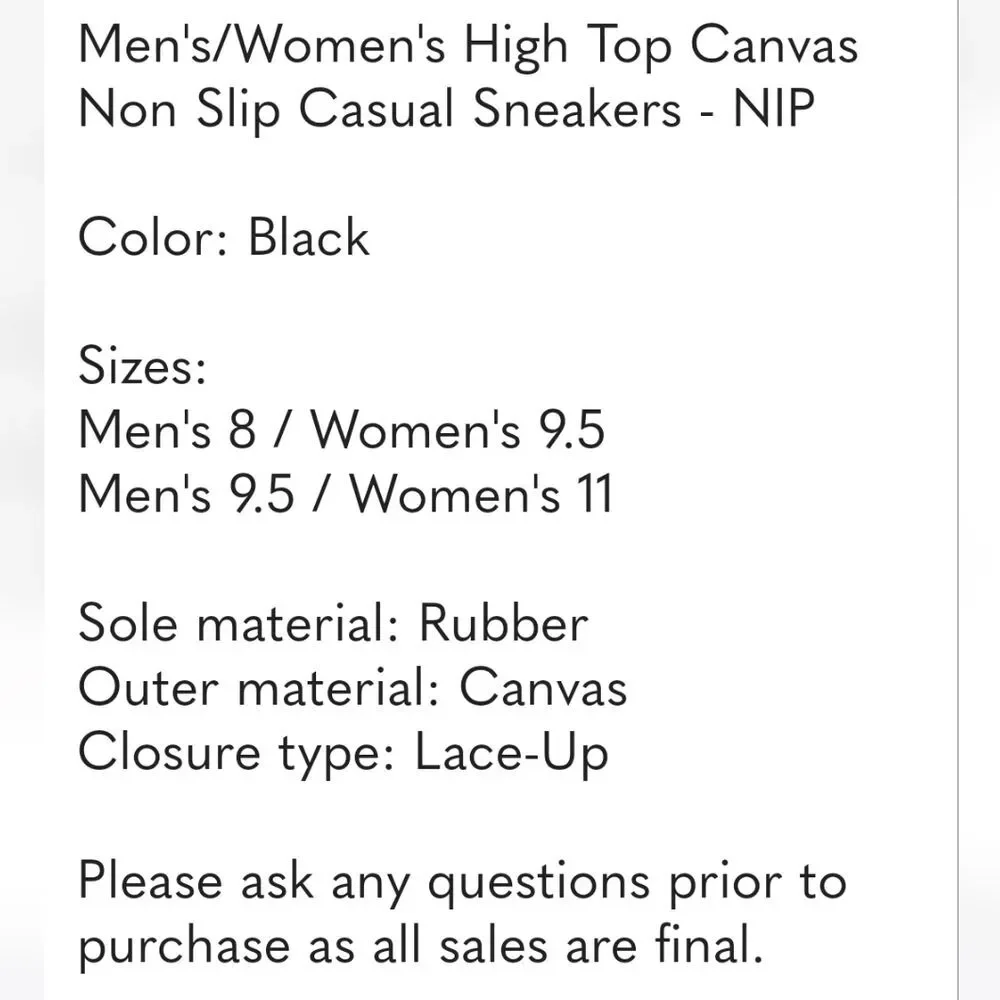 Men's/Women's High Top Canvas Non Slip Casual Sneakers - NIP